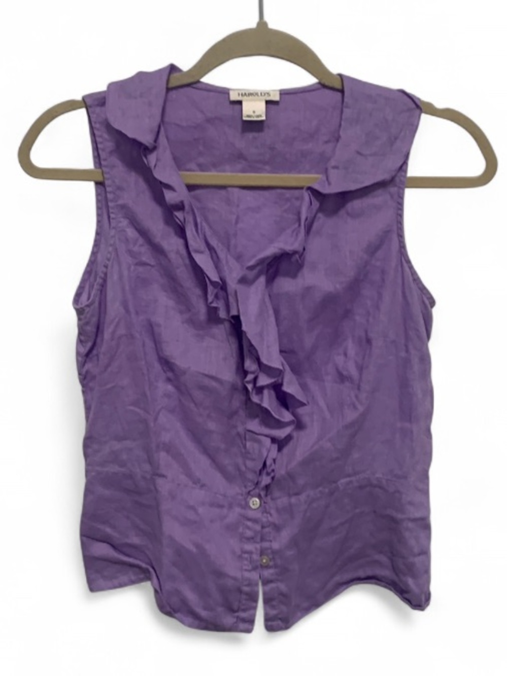 Y2K Harold’s Lavender Linen Ruffle Front Sleeveless Button Blouse